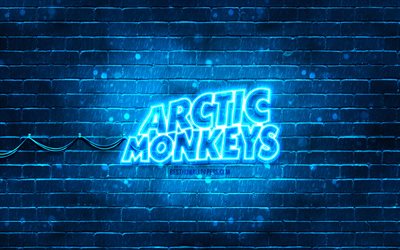 logotipo azul de arctic monkeys, 4k, banda de rock brit&#225;nica, estrellas de la m&#250;sica, pared de ladrillo azul, logotipo de arctic monkeys, logotipo de ne&#243;n de arctic monkeys, arctic monkeys