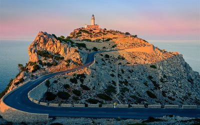Majorca, sunset, lighthouse, sea, beautiful nature, Spain, Europe