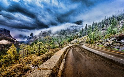 4k, Yosemite National Park, winter, mountains road, Sierra Nevada, beautiful nature, HDR, California, USA, America, american landmarks