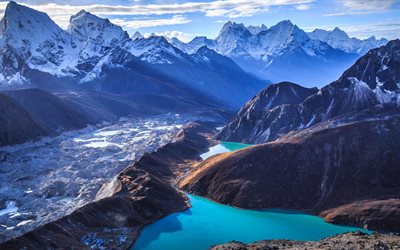 mountain lakes, glacier, mountain landscape, glacial lakes, aerial view, Himalayas, India