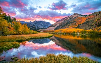 North Lake, 4k, Inyo National Forest, autumn, beautiful nature, USA, America, sunset, California, mountains