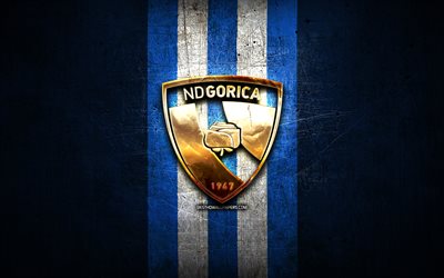 gorica fc, logotipo dourado, hnl, metal azul de fundo, futebol, croata clube de futebol, hnk gorica logotipo, hnk gorica