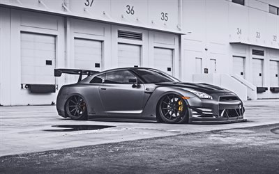 4k, Nissan GT-R, tuning, R35, supercars, 2019 cars, stance, gray GT-R, japanese cars, Nissan