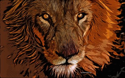 lion, chats sauvages, 4k, art vectoriel, dessin de lion, yeux de lion, art cr&#233;atif, art de lion, dessin vectoriel, animaux abstraits, dessins de lion
