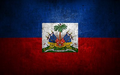 Haitian metal flag, grunge art, North American countries, Day of Haiti, national symbols, Haiti flag, metal flags, Flag of Haiti, North America, Haitian flag, Haiti