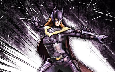 4k, Batgirl, grunge art, superheroes, DC Comics, violet abstract rays, Batgirl 4K
