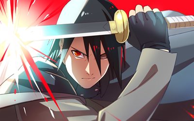 Sasuke Uchiha with sword, red eye, Uchiha clan, heterochromia, manga, Naruto, Uchiha Sasuke