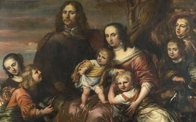 Married couple with six kids, painting, Jurgen Ovens