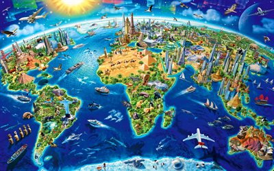 Carte du monde 3D, 4k, cr&#233;atif, rep&#232;res du monde, carte touristique, illustration, carte des rep&#232;res du monde, concept de carte du monde, fond avec la carte du monde