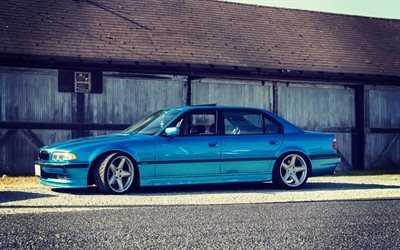 BMW 7-series, tuning, 750il, bmw e38, BBS, stance, blue BMW