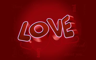 3D palavra amor, fundo vermelho, fundo de amor 3D, letras 3D, conceitos de amor, fundo de amor
