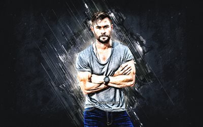 Chris Hemsworth, australian actor, portrait, blue stone background, creative art, Christopher Hemsworth