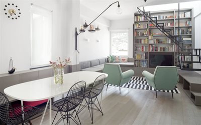 interni moderni, soggiorno, design elegante dell&#39;appartamento, biblioteca nel soggiorno, progetto del soggiorno, idea del soggiorno