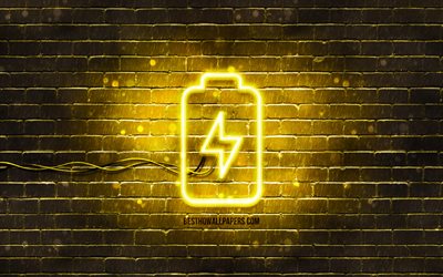 Neon ikon f&#246;r batteriladdare, 4k, gul bakgrund, neonsymboler, batteriladdare, kreativ, neonikoner, batteriladdarskylt, teknikskyltar, batteriladdarikon, teknikikoner