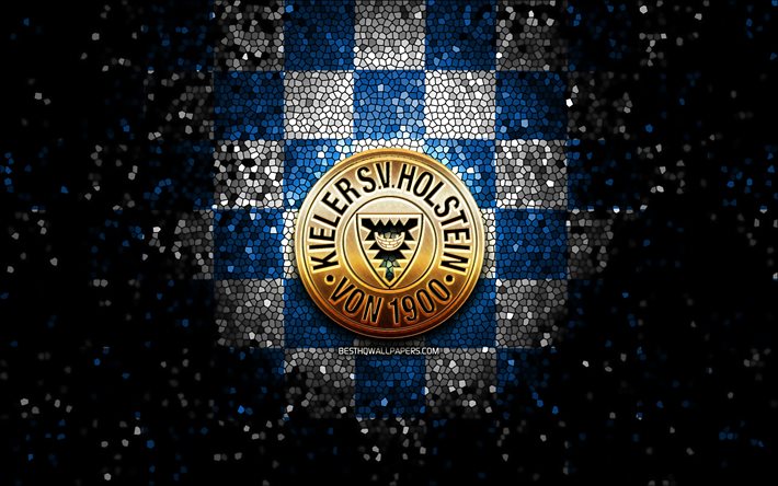 Holstein Kiel FC, parlak logo, Bundesliga 2, mavi beyaz damalı arka plan, futbol, Kieler SV Holstein 1900, Alman futbol kul&#252;b&#252;, Holstein Kiel logosu, mozaik sanatı, Almanya