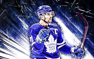 4k, John Tavares, grunge art, Toronto Maple Leafs, NHL, hokey oyuncuları, mavi soyut ışınlar, John Tavares 4K, hokey, John Tavares Toronto Maple Leafs
