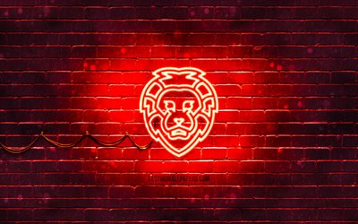 Icône de néon de Lion, 4k, fond rouge, symboles de néon, Lion, créatif, icônes au néon, signe de Lion, signes d'animaux, icône de Lion, icônes d'animaux
