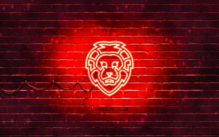 Lion neon icon, 4k, red background, neon symbols, Lion, creative, neon icons, Lion sign, animals signs, Lion icon, animals icons