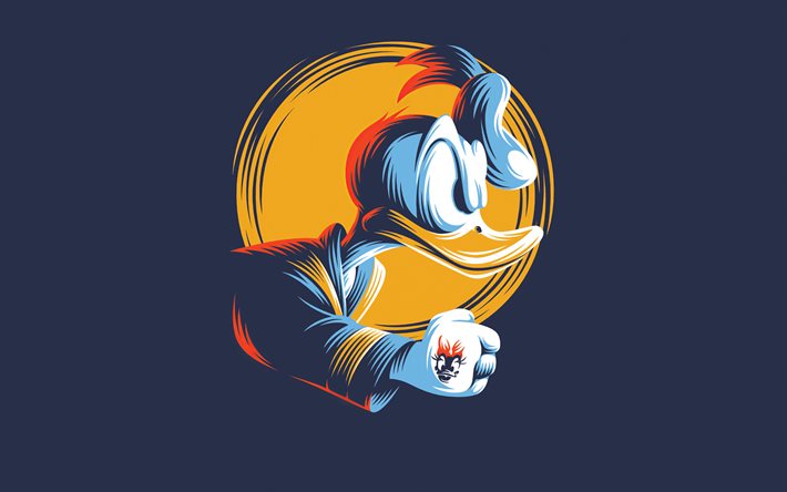 Donald Duck, art, blue background, cartoon character, creative art