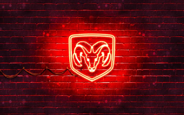 Dodge logo rosso, 4k, muro di mattoni rossi, logo Dodge, marchi di automobili, logo Dodge neon, Dodge
