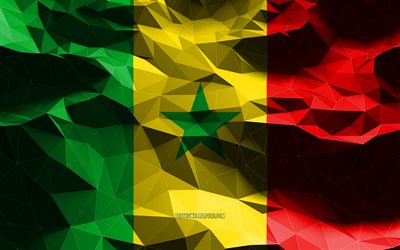 4k, セネガルの旗, 低ポリアート, アフリカ諸国, 国のシンボル, 3Dフラグ, セネガル, アフリカ, セネガルの3Dフラグ, セネガルの国旗