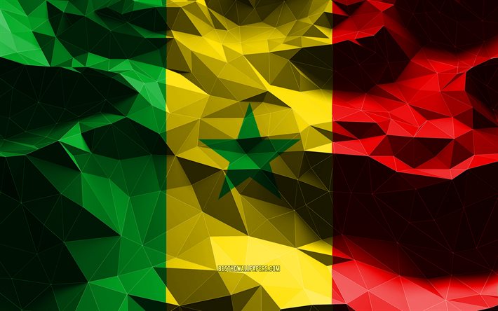 4k, bandiera senegalese, arte low poly, paesi africani, simboli nazionali, bandiera del Senegal, bandiere 3D, Senegal, Africa, bandiera 3D del Senegal
