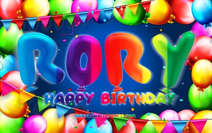 Joyeux anniversaire Rory, 4k, cadre ballon color&#233;, nom de Rory, fond bleu, Rory joyeux anniversaire, anniversaire de Rory, noms masculins am&#233;ricains populaires, concept d&#39;anniversaire, Rory