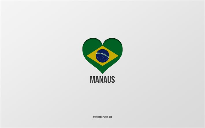 マナウスが大好き, ブラジルの都市, 灰色の背景, マナウス, ブラジル, ブラジルの国旗のハート, 好きな都市