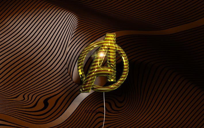 Avengers 3D logo, 4K, golden realistic balloons, Avengers logo, brown wavy backgrounds, Avengers