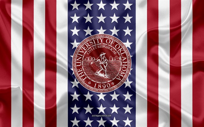 emblem der universit&#228;t von oklahoma, amerikanische flagge, logo der universit&#228;t von oklahoma, norman, oklahoma, usa, universit&#228;t von oklahoma