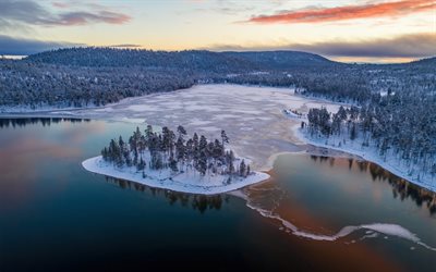 Lapland, winter, snow, forest, evening, sunset, ice on the lake, Finland