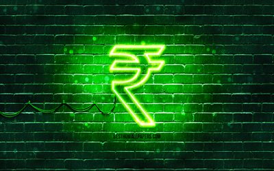 الروبية الهندية رمز النيون, 4 ك, خلفية خضراء, عملة, رموز النيون, روبية هندية, أيقونات النيون, علامات العملة, أيقونات العملة