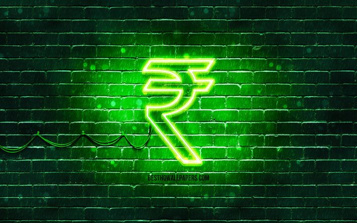 الروبية الهندية رمز النيون, 4 ك, خلفية خضراء, عملة, رموز النيون, روبية هندية, أيقونات النيون, علامات العملة, أيقونات العملة