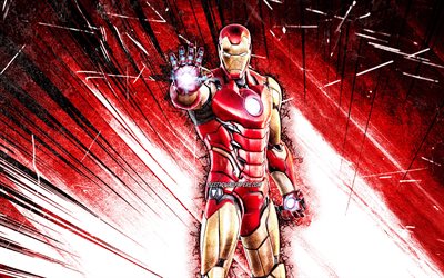 4k, Iron Man Skin, grunge art, Fortnite Battle Royale, red abstract rays, Fortnite characters, Iron Man, Fortnite, Iron Man Fortnite