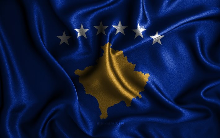 Kosovar flagga, 4k, v&#229;giga silke flaggor, europeiska l&#228;nder, nationella symboler, Kosovos flagga, tyg flaggor, 3D konst, Kosovo, Europa, Kosovos 3D flagga