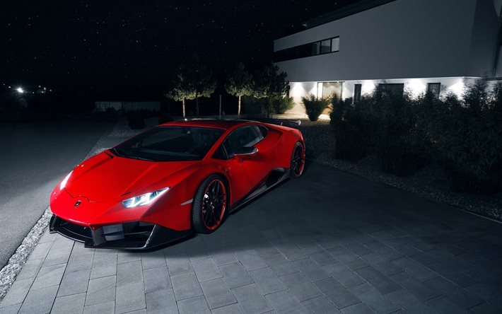 Lamborghini Huracan RWD, 4k, night, Novitec Torado, tuning, red Lamborghini