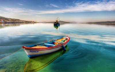 boats, lake, blue water, mountains, port