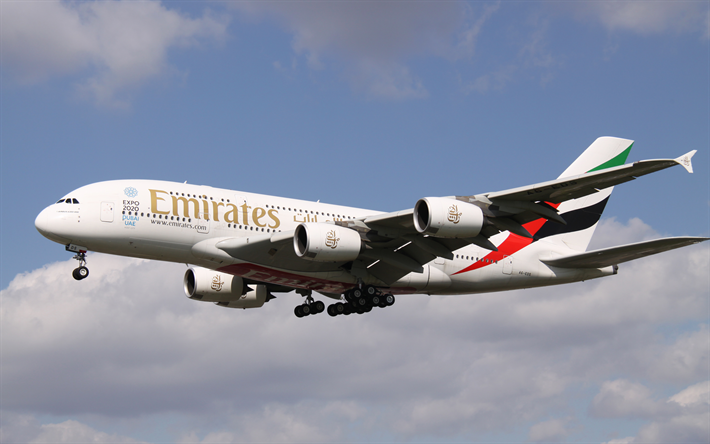 4k, passenger plane, Airbus A388, Emirates, air travel, passenger transportation, Airbus