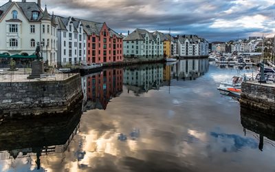Alesund, Norway, autumn, embankment, art nouveau, yachts, cloudy weather