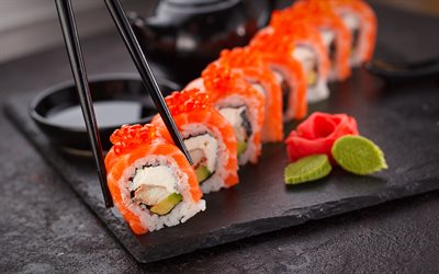 sushi, 4k, filadelfia, rollos, la comida japonesa