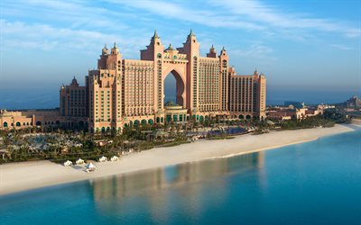 4k, Hotel Atlantis, Dubai, Emirados &#193;rabes Unidos, hot&#233;is de luxo, praia, costa, EMIRADOS &#225;rabes unidos, Golfo P&#233;rsico, Oceano