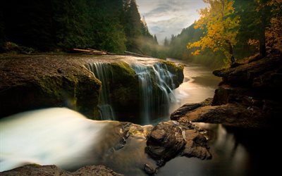 Lewis River, evening, autumn, river, waterfall, autumn forest, Lower Lewis River Falls, Washington, USA