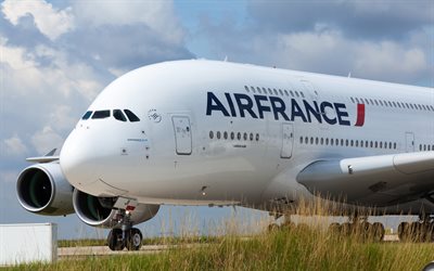 Airbus A380, 4k, yolcu u&#231;ağı, hava taşımacılığı, Air France, modern avilainers