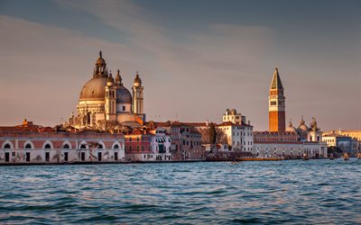 Venezia, Santa Maria della Salute, Chiesa, tramonto, attrazioni turistiche di Venezia, architettura, Italia