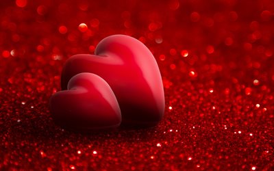 3d red heart, red bright background, hearts, love concepts, Valentines Day