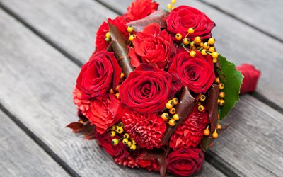 wedding bouquet, 4k, red roses, bridal bouquet, wedding, roses, red flowers