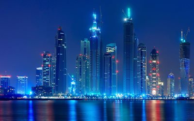 Dubai, gece, g&#246;kdelenler, Marina Meşale, Prenses Kulesi, Birleşik Arap Emirlikleri