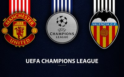 Manchester United vs Valencia CF, 4k, leather texture, logos, Group H, promo, UEFA Champions League, football game, football club logos, MU Valencia, Europe