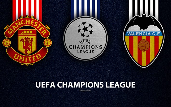 Manchester United vs Valencia CF, 4k, leather texture, logos, Group H, promo, UEFA Champions League, football game, football club logos, MU Valencia, Europe