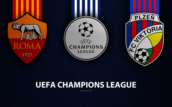 As Roma vs FC Viktoria Plzen, 4k, textura de cuero, logotipos, Grupo G, de promoci&#243;n, de la UEFA Champions League, juego de f&#250;tbol, club de f&#250;tbol de logotipos, Europa